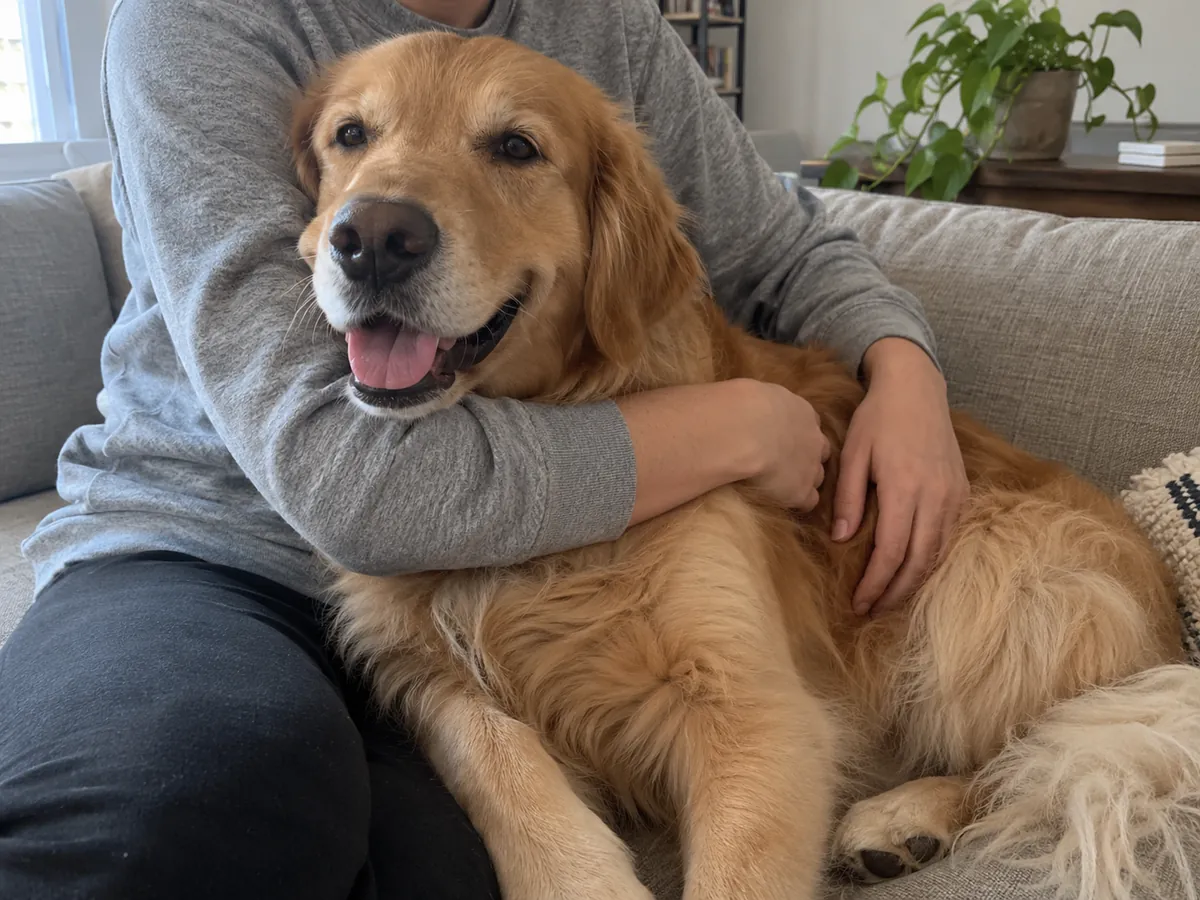 A person covering the dog